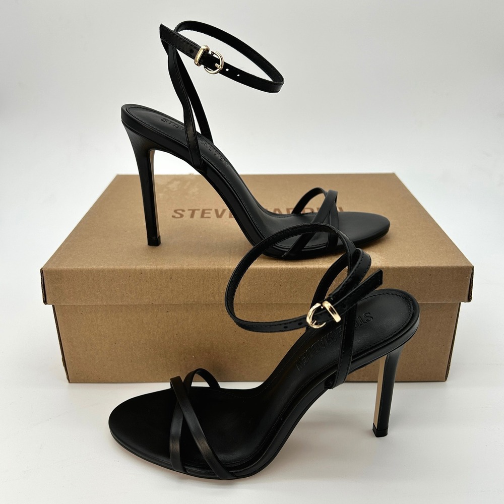 Steve Madden Jypsey Womens Size 5.5 Strappy Stiletto Heels Black Leather NEW